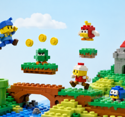 A brick-built platform-game scene with colorful characters, floating platforms, coins, pipes and a small castle in the background.