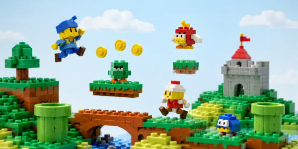 A brick-built platform-game scene with colorful characters, floating platforms, coins, pipes and a small castle in the background.