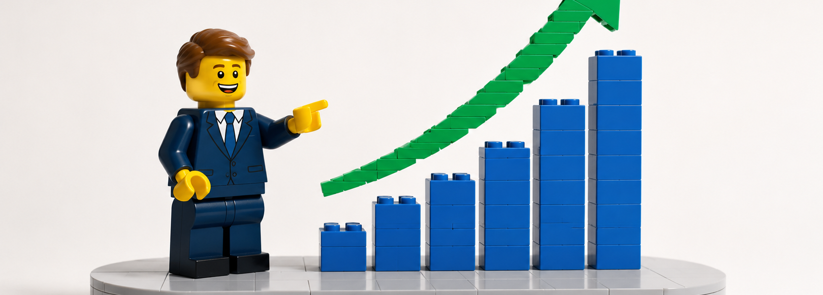 A smiling brick figure points toward a green upward arrow beside a simple blue bar chart on a bright neutral background.