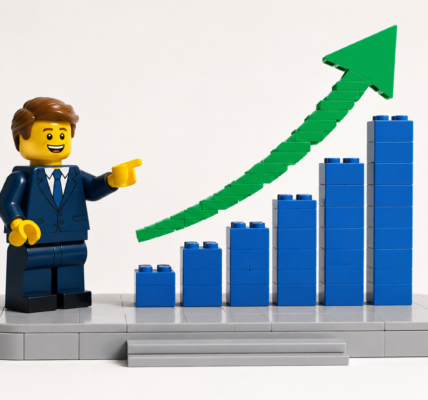 A smiling brick figure points toward a green upward arrow beside a simple blue bar chart on a bright neutral background.
