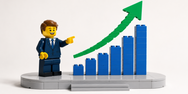 A smiling brick figure points toward a green upward arrow beside a simple blue bar chart on a bright neutral background.