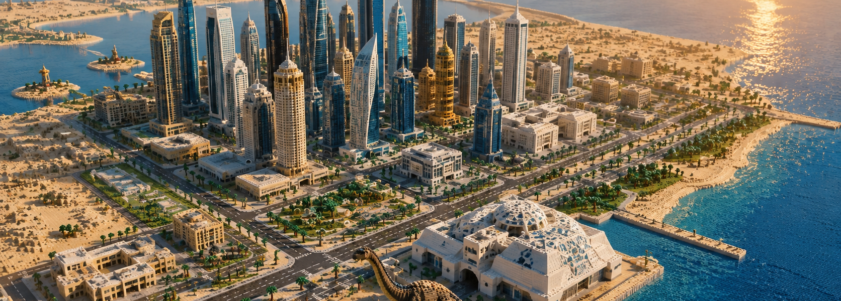 Aerial view of a modern brick-built coastal city in the desert, with a museum and a large dinosaur outside, while the sun rises over the sea.