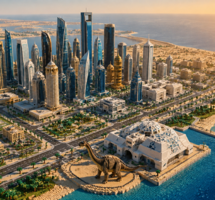 Aerial view of a modern brick-built coastal city in the desert, with a museum and a large dinosaur outside, while the sun rises over the sea.