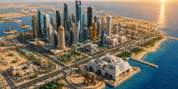Aerial view of a modern brick-built coastal city in the desert, with a museum and a large dinosaur outside, while the sun rises over the sea.