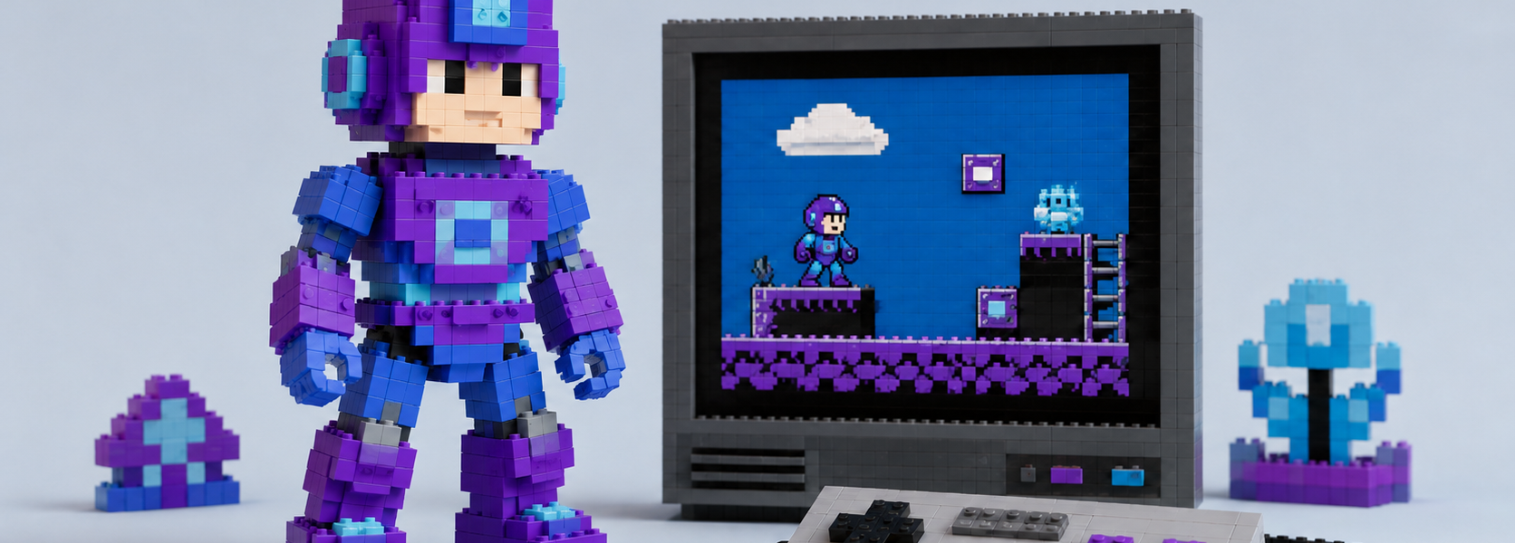 A generic purple-and-blue brick-built retro hero stands beside a brick-built screen showing a simple 8-bit platform game and a controller on a bright background.