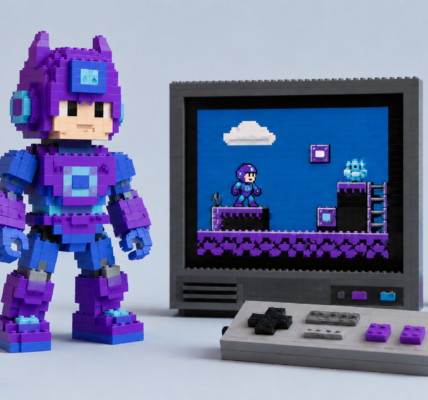 A generic purple-and-blue brick-built retro hero stands beside a brick-built screen showing a simple 8-bit platform game and a controller on a bright background.