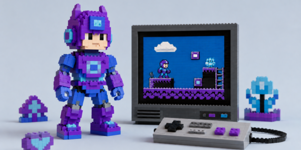 A generic purple-and-blue brick-built retro hero stands beside a brick-built screen showing a simple 8-bit platform game and a controller on a bright background.