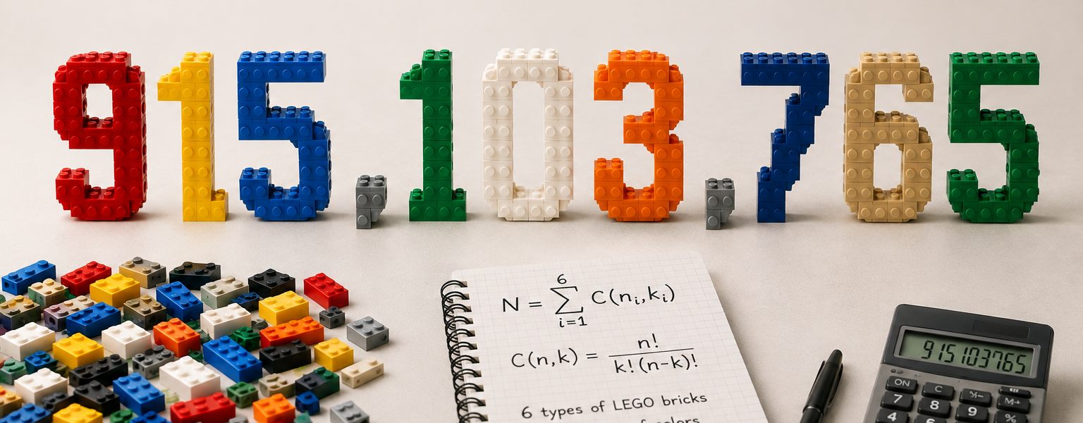 The number 915,103,765 built from colorful bricks with subtle mathematical context around it.