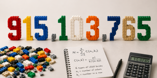 The number 915,103,765 built from colorful bricks with subtle mathematical context around it.