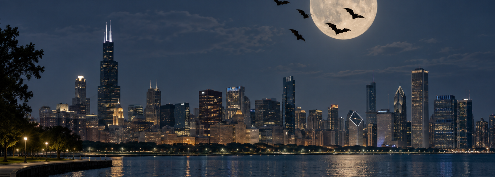 Night view of the Chicago skyline across the water, with a large full moon and silhouettes of several ordinary bats flying in the sky.