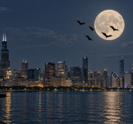 Night view of the Chicago skyline across the water, with a large full moon and silhouettes of several ordinary bats flying in the sky.