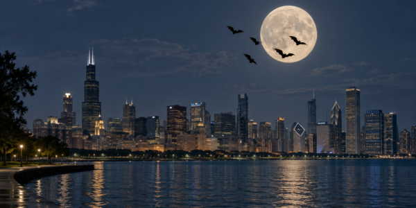Night view of the Chicago skyline across the water, with a large full moon and silhouettes of several ordinary bats flying in the sky.