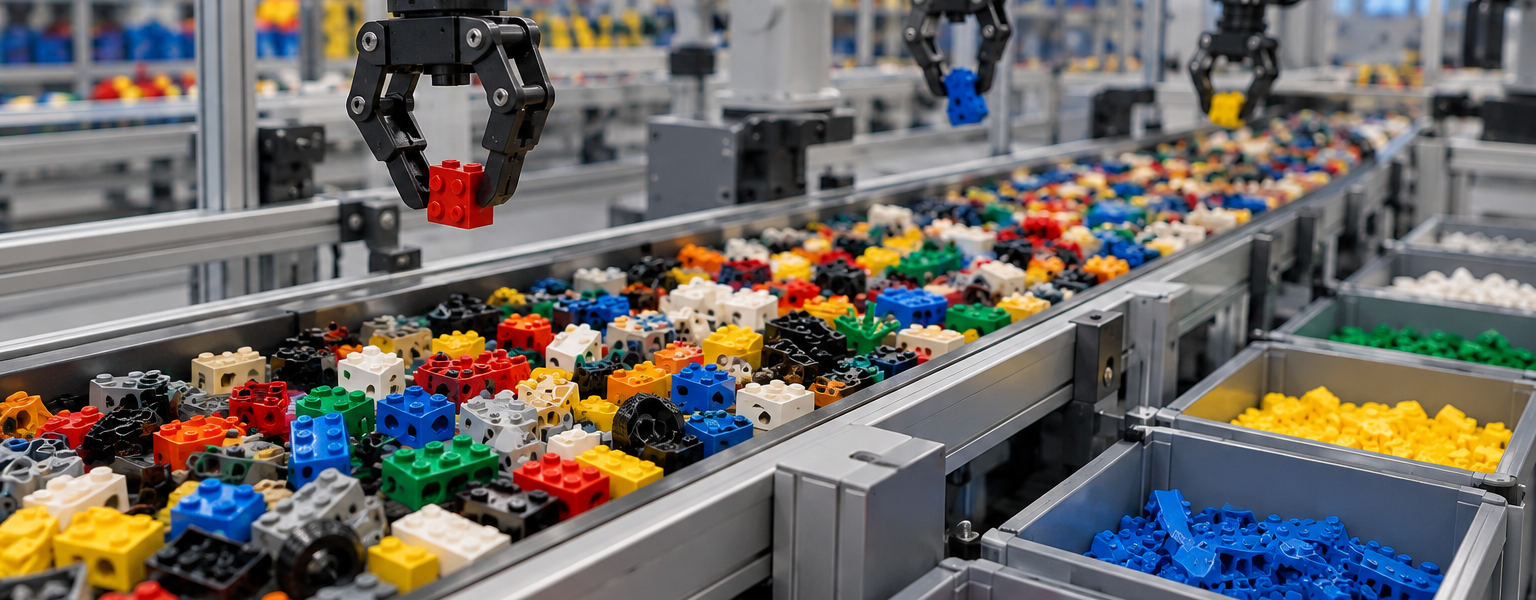 Robotic arms sort colorful construction bricks moving along a factory conveyor into separate bins.