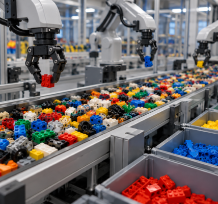 Robotic arms sort colorful construction bricks moving along a factory conveyor into separate bins.
