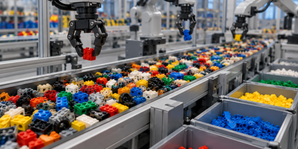 Robotic arms sort colorful construction bricks moving along a factory conveyor into separate bins.
