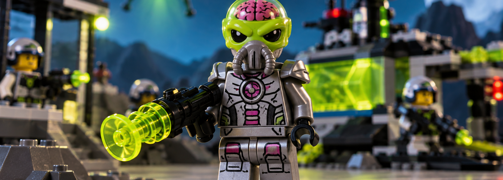 A silver brick-built alien android with a translucent green dome stands in front of a compact futuristic space defense outpost.