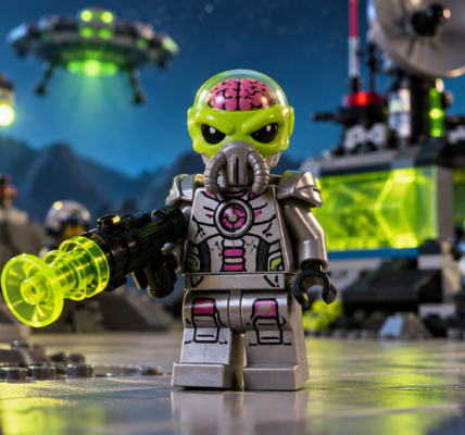 A silver brick-built alien android with a translucent green dome stands in front of a compact futuristic space defense outpost.