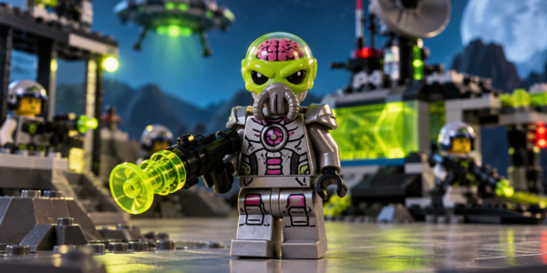 A silver brick-built alien android with a translucent green dome stands in front of a compact futuristic space defense outpost.