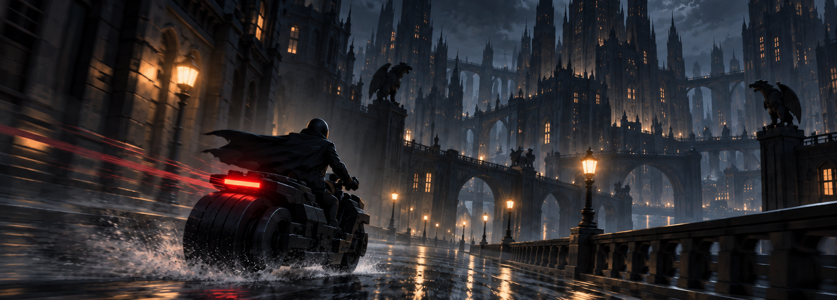 A dark motorcycle speeds away along a wet night street in a fictional gothic city, with the rider seen from behind.