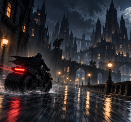 A dark motorcycle speeds away along a wet night street in a fictional gothic city, with the rider seen from behind.