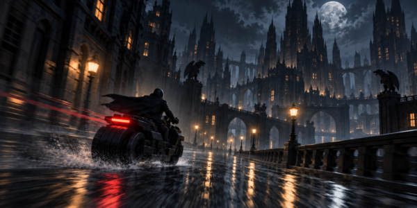 A dark motorcycle speeds away along a wet night street in a fictional gothic city, with the rider seen from behind.