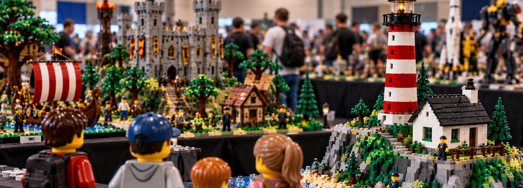 A LEGO fan exhibition hall with visitors looking at lighthouse, castle and other fan-built displays.