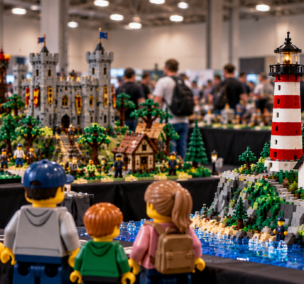 A LEGO fan exhibition hall with visitors looking at lighthouse, castle and other fan-built displays.