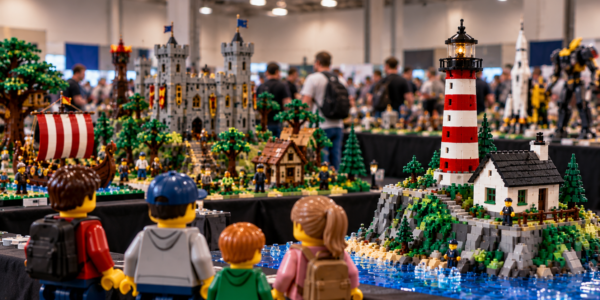 A LEGO fan exhibition hall with visitors looking at lighthouse, castle and other fan-built displays.