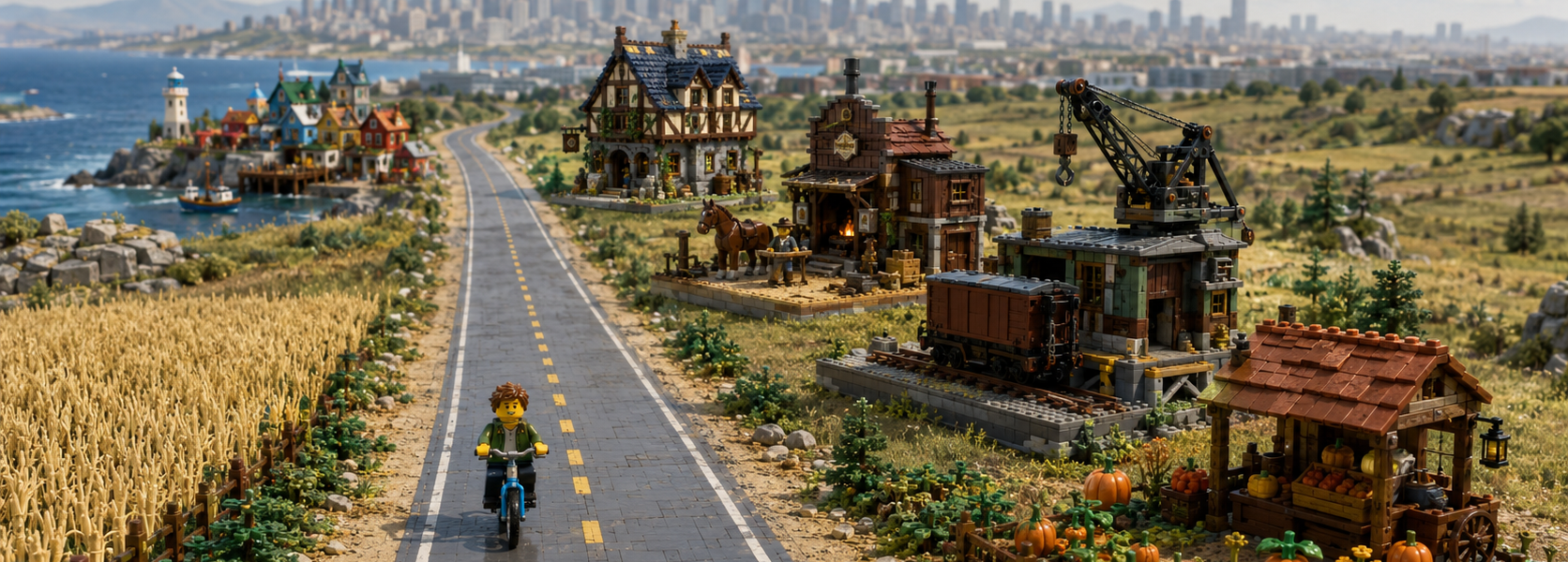 A road receding toward a distant city, lined with brick-built scenes inspired by the five BrickLink Designer Program Series 9 finalists, while a small minifigure cycles toward the camera.