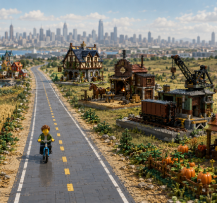 A road receding toward a distant city, lined with brick-built scenes inspired by the five BrickLink Designer Program Series 9 finalists, while a small minifigure cycles toward the camera.