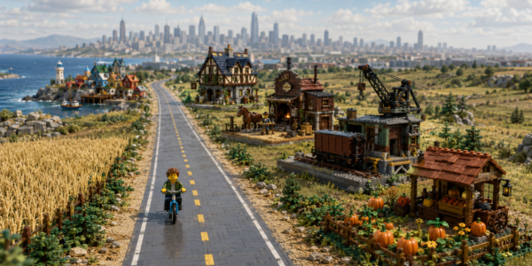 A road receding toward a distant city, lined with brick-built scenes inspired by the five BrickLink Designer Program Series 9 finalists, while a small minifigure cycles toward the camera.