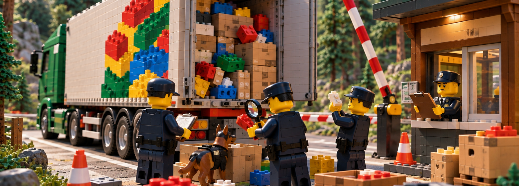 A brick-built truck stopped at a forest customs checkpoint while brick customs officers and a sniffer dog inspect a cargo of colorful bricks.