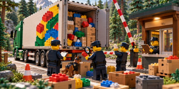 A brick-built truck stopped at a forest customs checkpoint while brick customs officers and a sniffer dog inspect a cargo of colorful bricks.