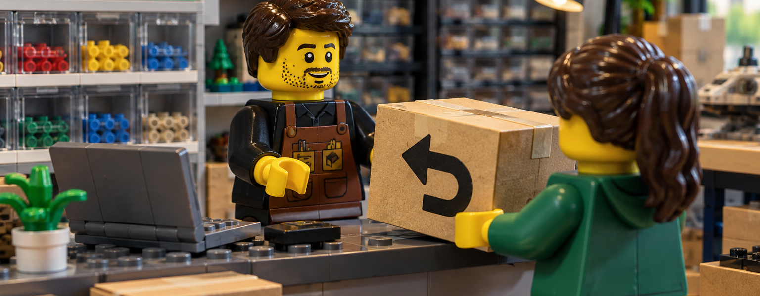 A brick-built seller receives a returned parcel from a customer at a small parts and sets shop counter.