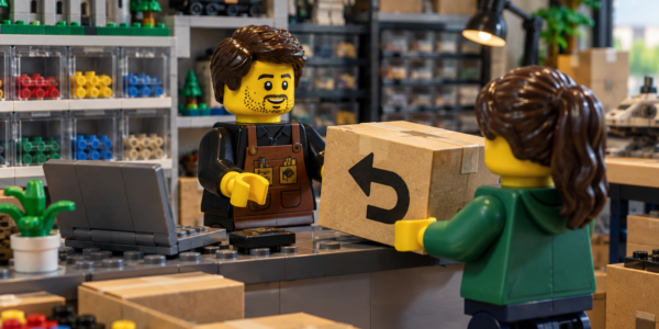 A brick-built seller receives a returned parcel from a customer at a small parts and sets shop counter.