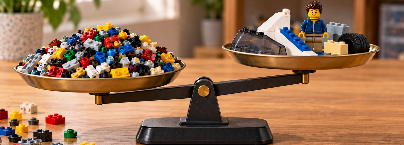 A balance scale with many small building elements on the left and fewer larger specialized pieces plus a minifigure on the right.