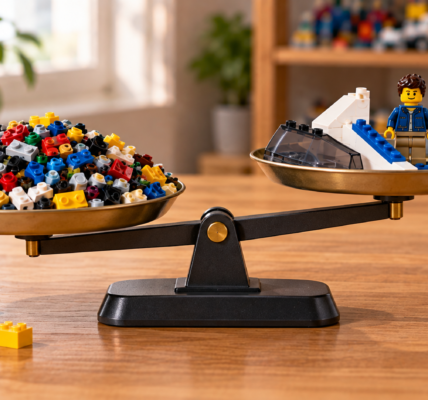 A balance scale with many small building elements on the left and fewer larger specialized pieces plus a minifigure on the right.