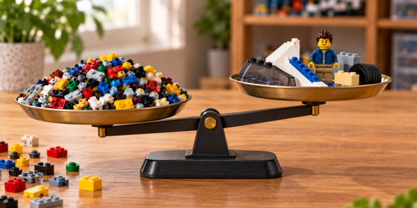 A balance scale with many small building elements on the left and fewer larger specialized pieces plus a minifigure on the right.
