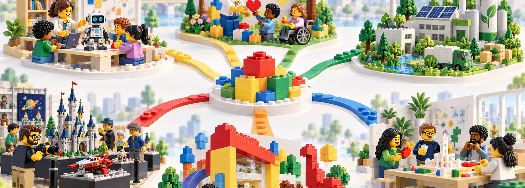 A bright brick-built ecosystem map with a central construction and paths leading to education, community work, sustainability, fan culture and other activities beyond selling sets.