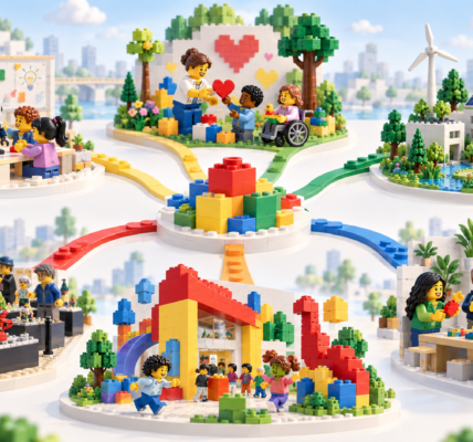 A bright brick-built ecosystem map with a central construction and paths leading to education, community work, sustainability, fan culture and other activities beyond selling sets.