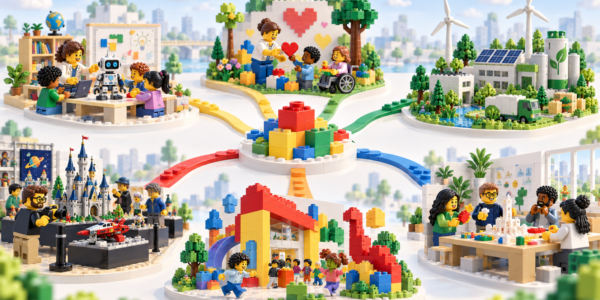 A bright brick-built ecosystem map with a central construction and paths leading to education, community work, sustainability, fan culture and other activities beyond selling sets.
