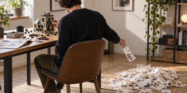 A hobbyist builds with bricks at a table while a large pile of empty sticker-sheet backings lies on the floor and one backing drops from their hand.