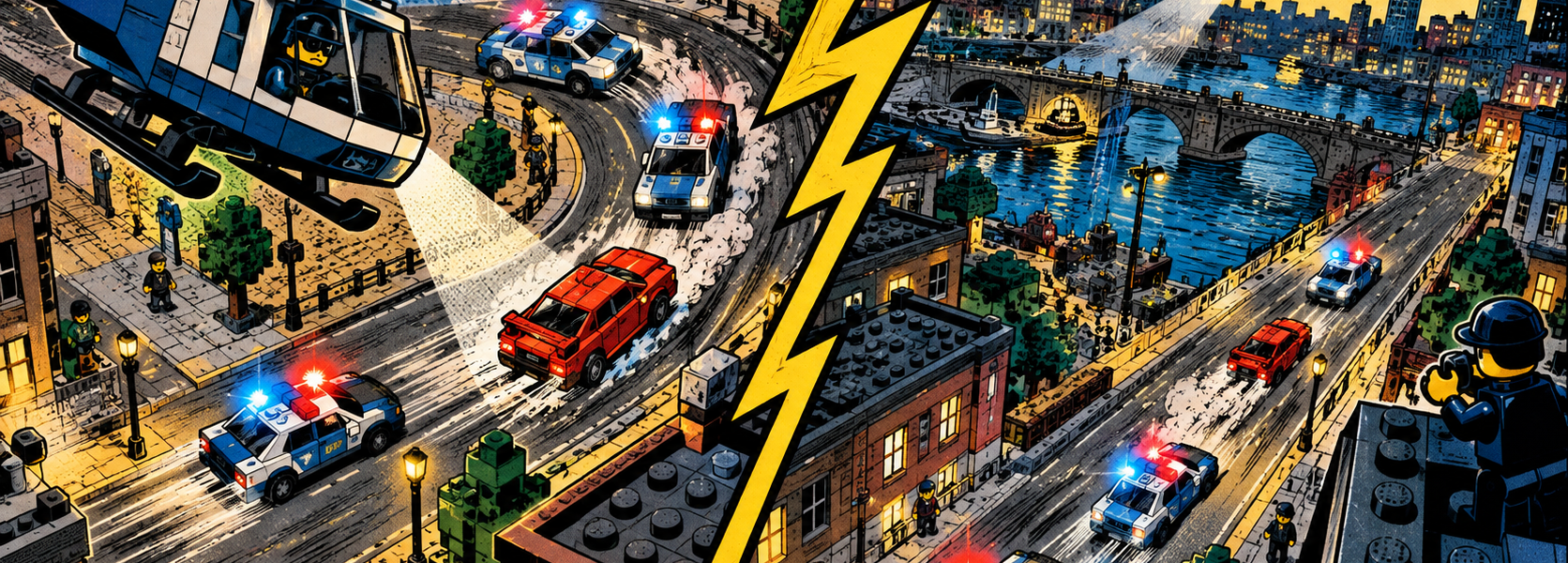 A comic-style police chase viewed partly from above, with helicopters and police cars pursuing a vehicle through a brick-built city.