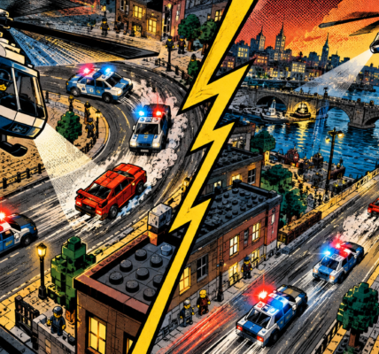A comic-style police chase viewed partly from above, with helicopters and police cars pursuing a vehicle through a brick-built city.