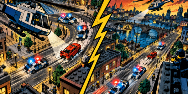 A comic-style police chase viewed partly from above, with helicopters and police cars pursuing a vehicle through a brick-built city.