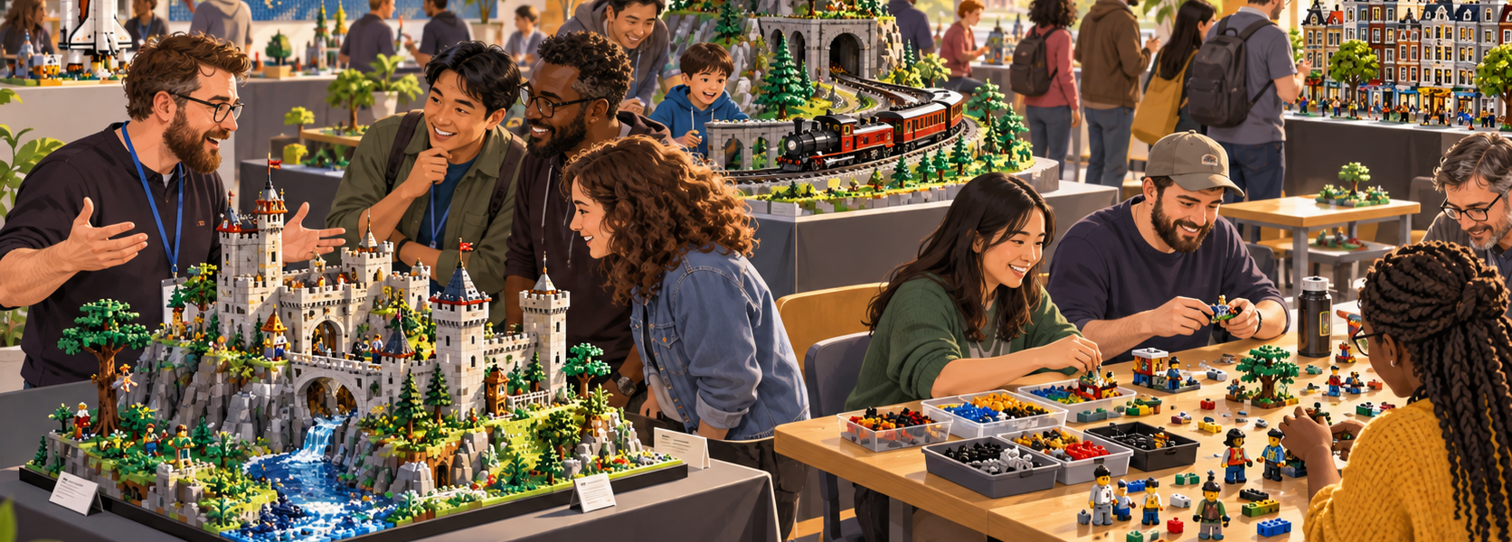 LEGO fans gather in a bright community hall around MOC displays, a train layout, parts tables and shared building activities.