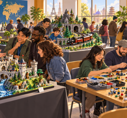 LEGO fans gather in a bright community hall around MOC displays, a train layout, parts tables and shared building activities.