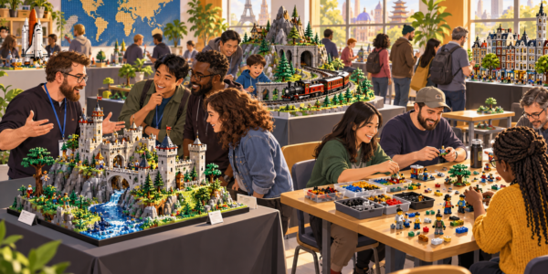 LEGO fans gather in a bright community hall around MOC displays, a train layout, parts tables and shared building activities.