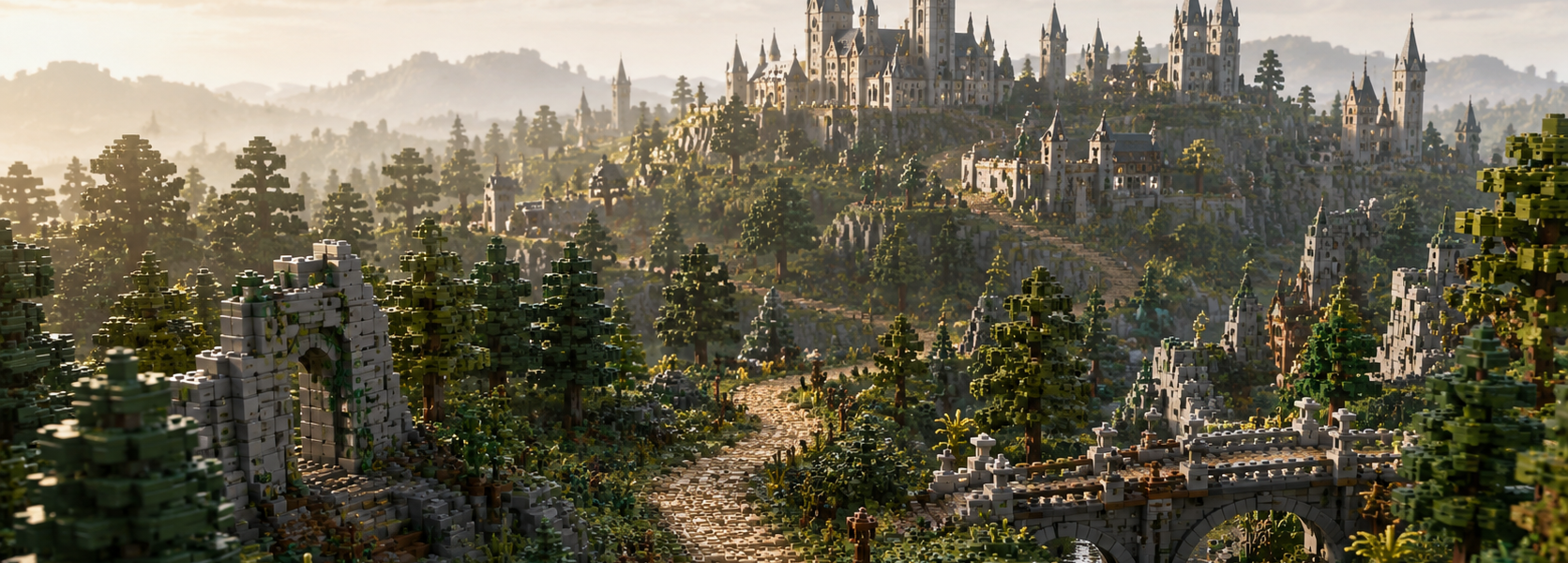 A wide brick-built landscape with a gothic castle, forest, stone path and arched bridge in warm morning light.