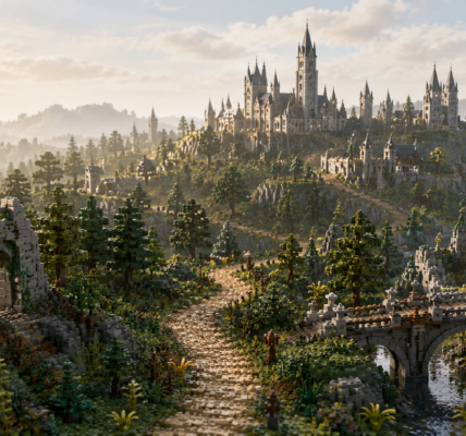 A wide brick-built landscape with a gothic castle, forest, stone path and arched bridge in warm morning light.